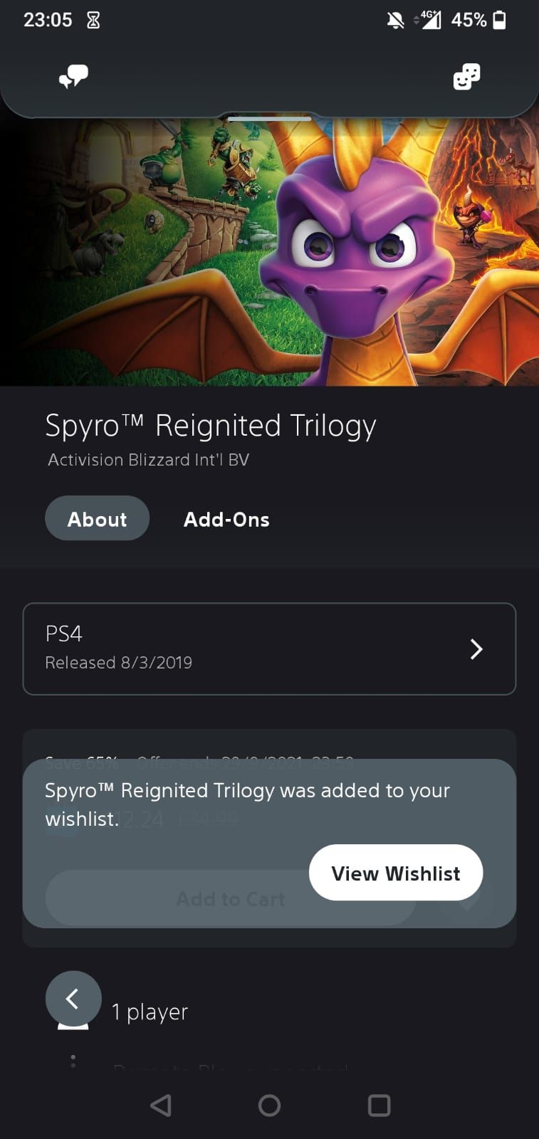 Spyro Reignited Trilogy добавлена в список желаемого в приложении PlayStation