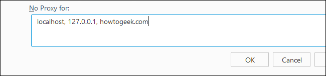 Список исключений для прокси (No Proxy for) с примерами адресов