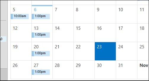 Пример настройки еженедельного повторяющегося события каждую неделю в понедельник