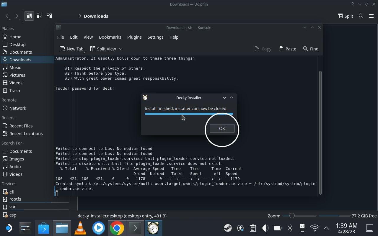 Успешное завершение установки Decky Loader