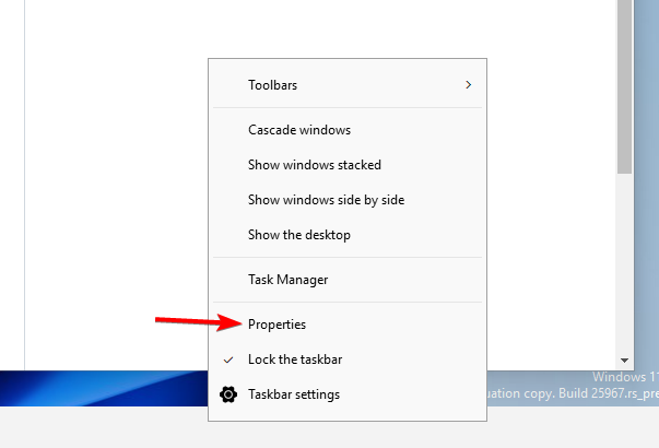 Контекстное меню панели задач с пунктом «Свойства»