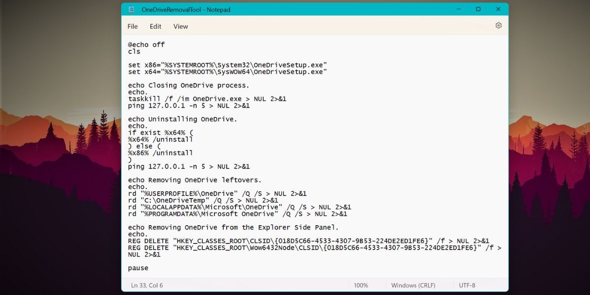 Пакетный скрипт для удаления OneDrive