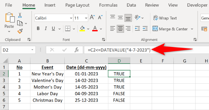 Пример сравнения дат в Excel