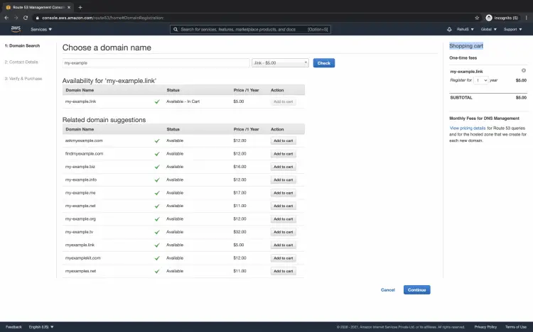 Домен добавлен в корзину с указанием стоимости