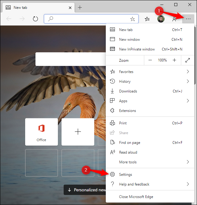 Открытие настроек в Microsoft Edge
