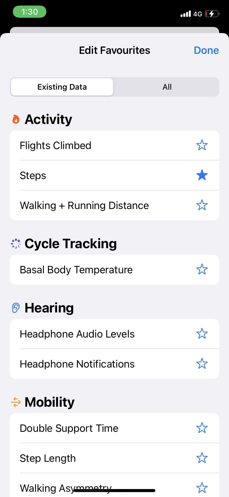 Экран редактирования избранного в приложении «Здоровье»