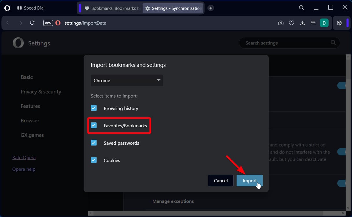 Опции импорта закладок
