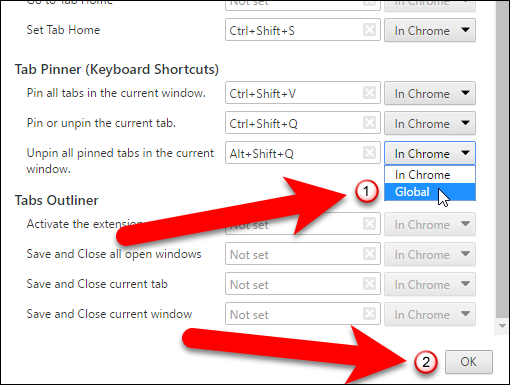 Опция 'Глобально' для сочетания клавиш