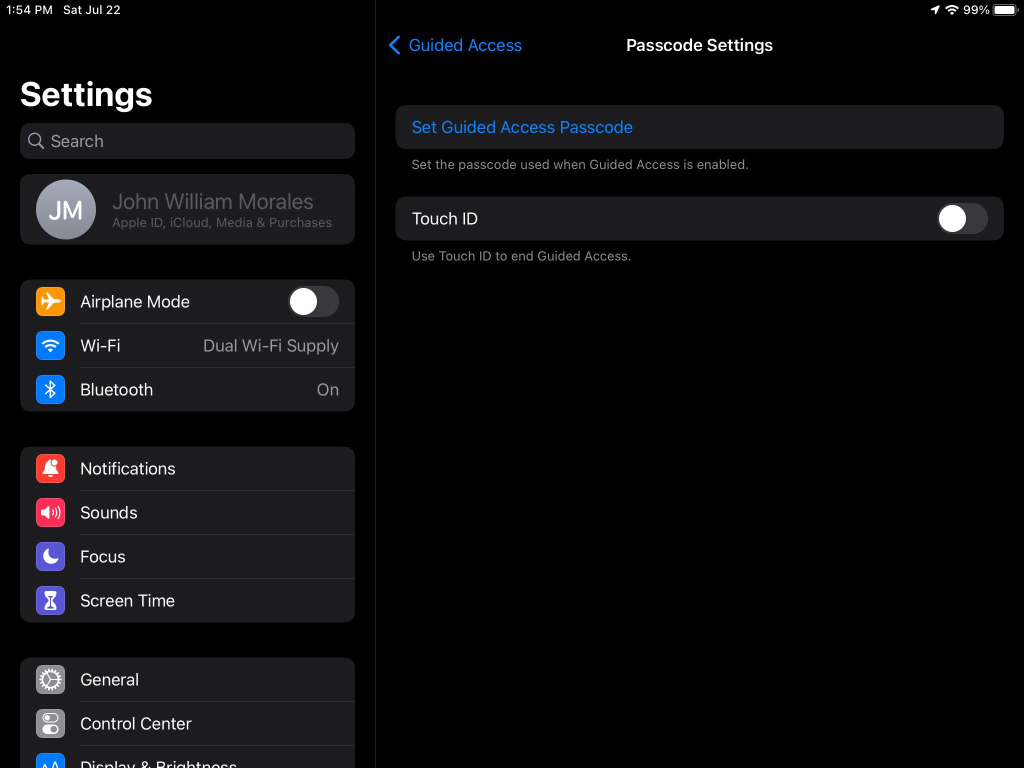 Параметры кода доступа Guided Access