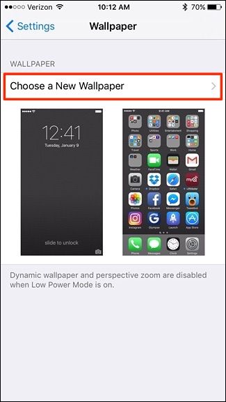 Экран Wallpaper с кнопкой Choose a New Wallpaper