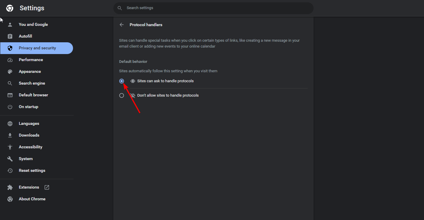 Флажок разрешения сайтов запрашивать обработку протоколов