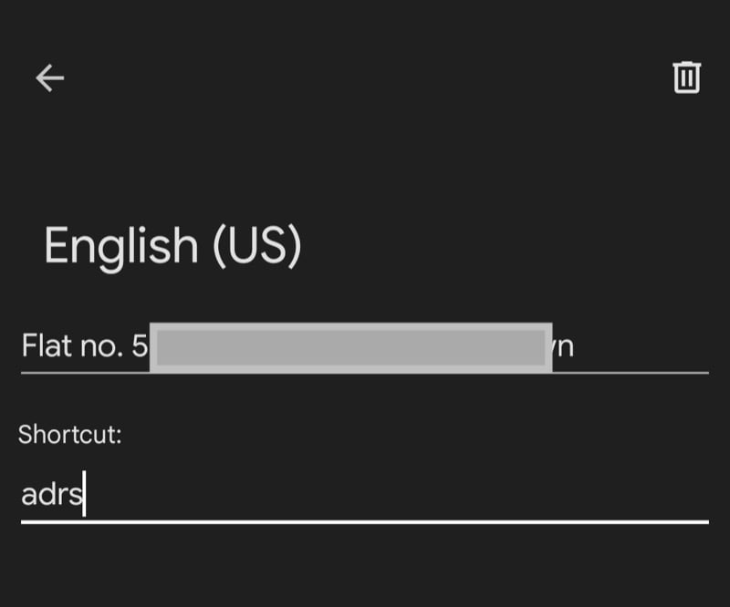 Настройка текстового ярлыка с примером адреса в Gboard