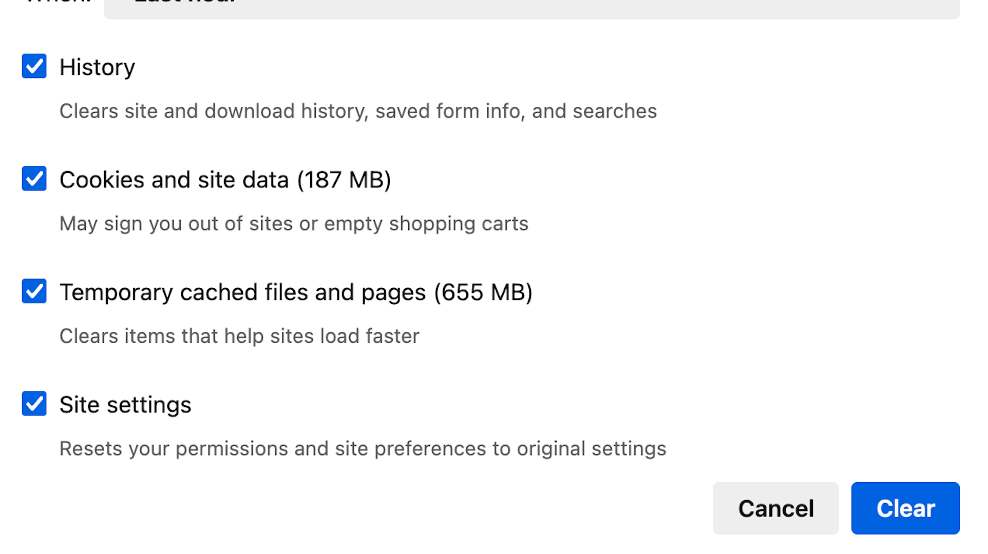 Выбор типов данных для массового удаления в Firefox.