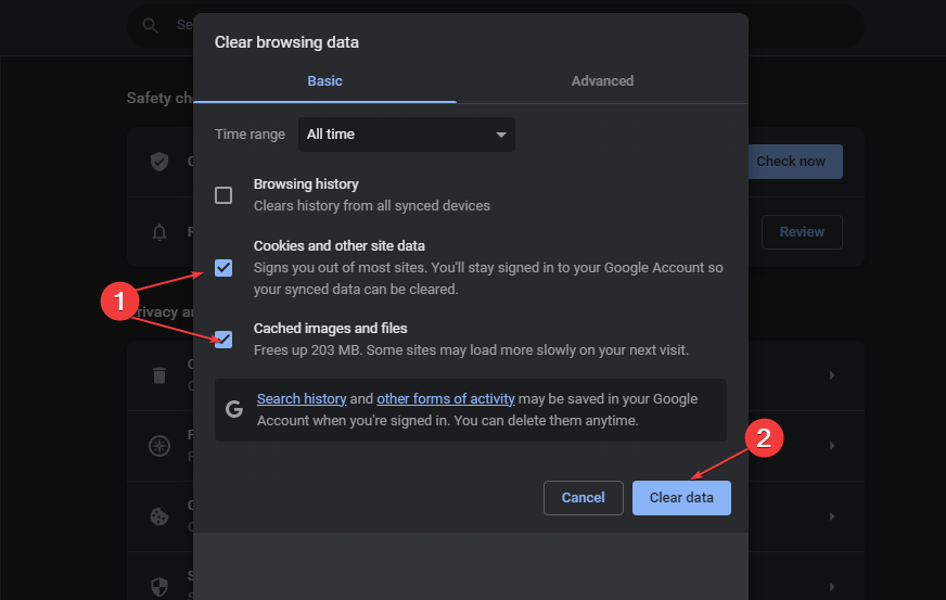 Выбор временного диапазона и опций очистки