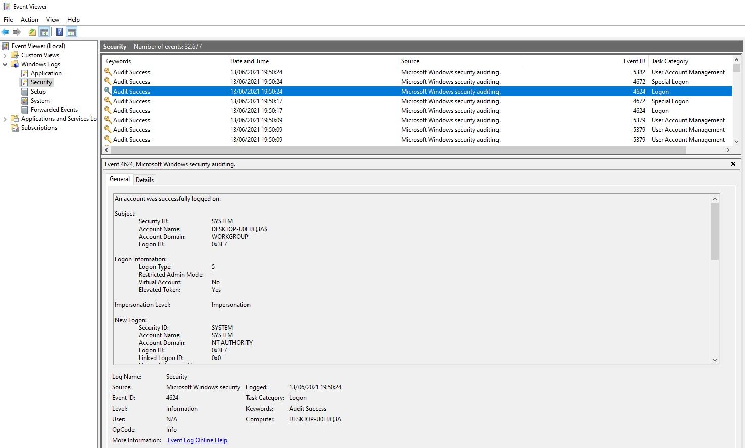 журнал события 4624 — вход в систему