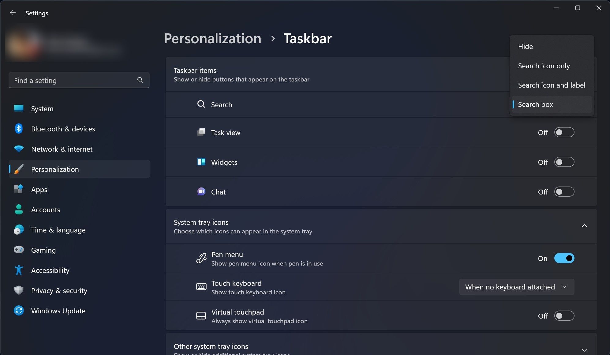 Настройки поиска на панели задач Windows 11
