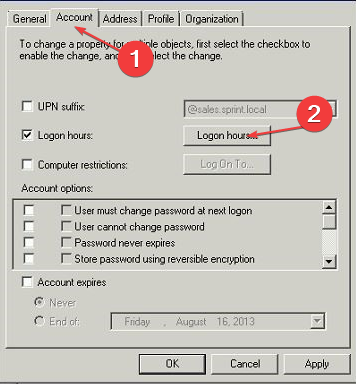 Вкладка учётной записи в свойствах пользователя, кнопка «Logon hours» выделена
