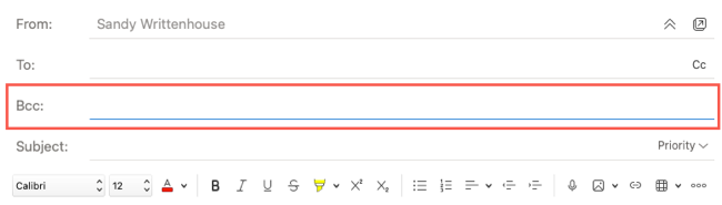 Поле BCC в окне Outlook на macOS