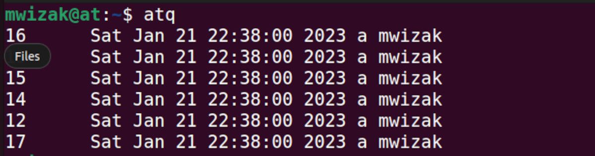 вывод списка заданий atq в терминале