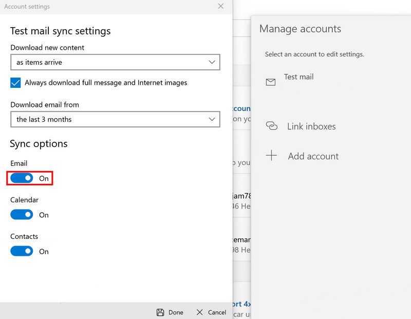 Опции синхронизации электронной почты