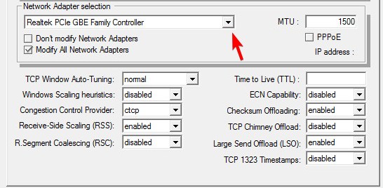 Выбор сетевого адаптера в TCP Optimizer
