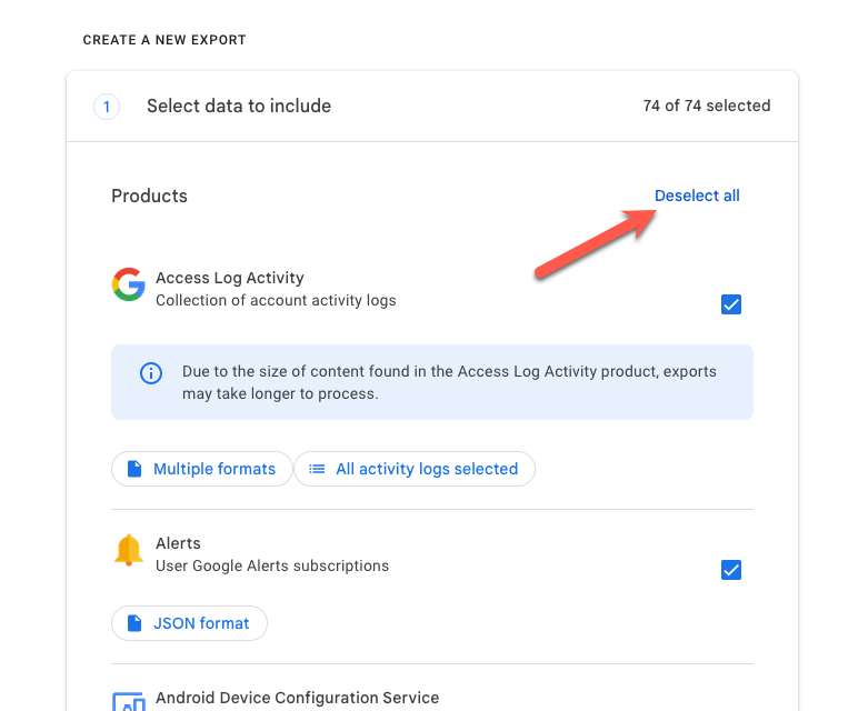 Снять выделение со всех сервисов в Google Takeout.