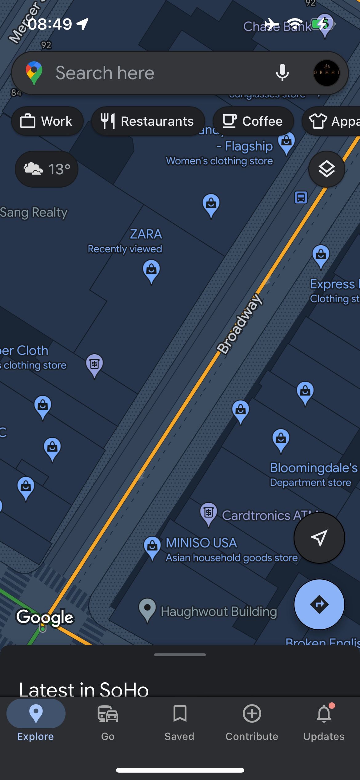 Улица Бродвей в Нью-Йорке на Google Maps.