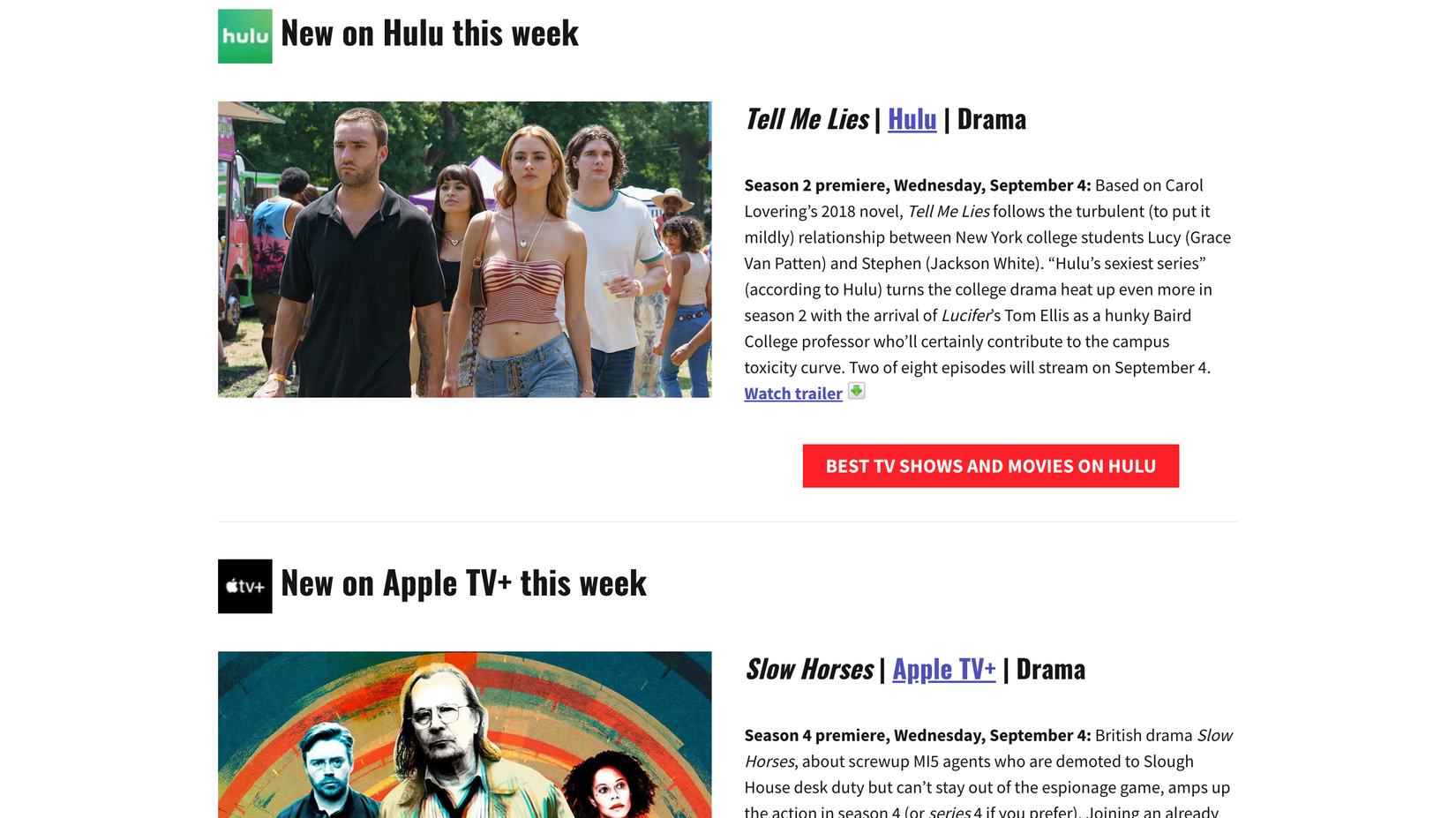 Скриншот еженедельных рекомендаций CableTV: премьеры и заметные эпизоды.