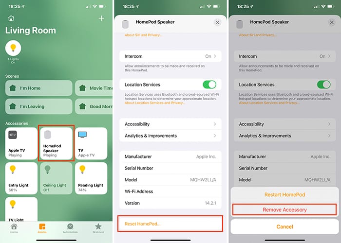 Сброс HomePod через приложение Дом