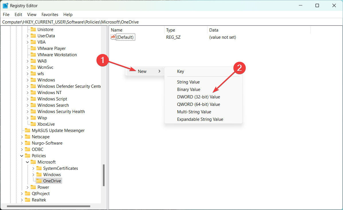 Создание DWORD в реестре для политики OneDrive