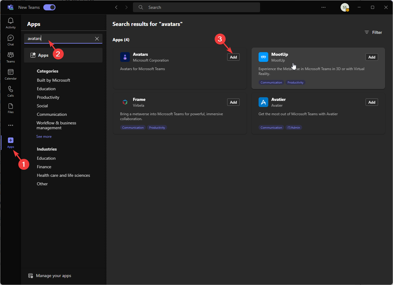 Поиск приложения Avatars в разделе Приложения Teams