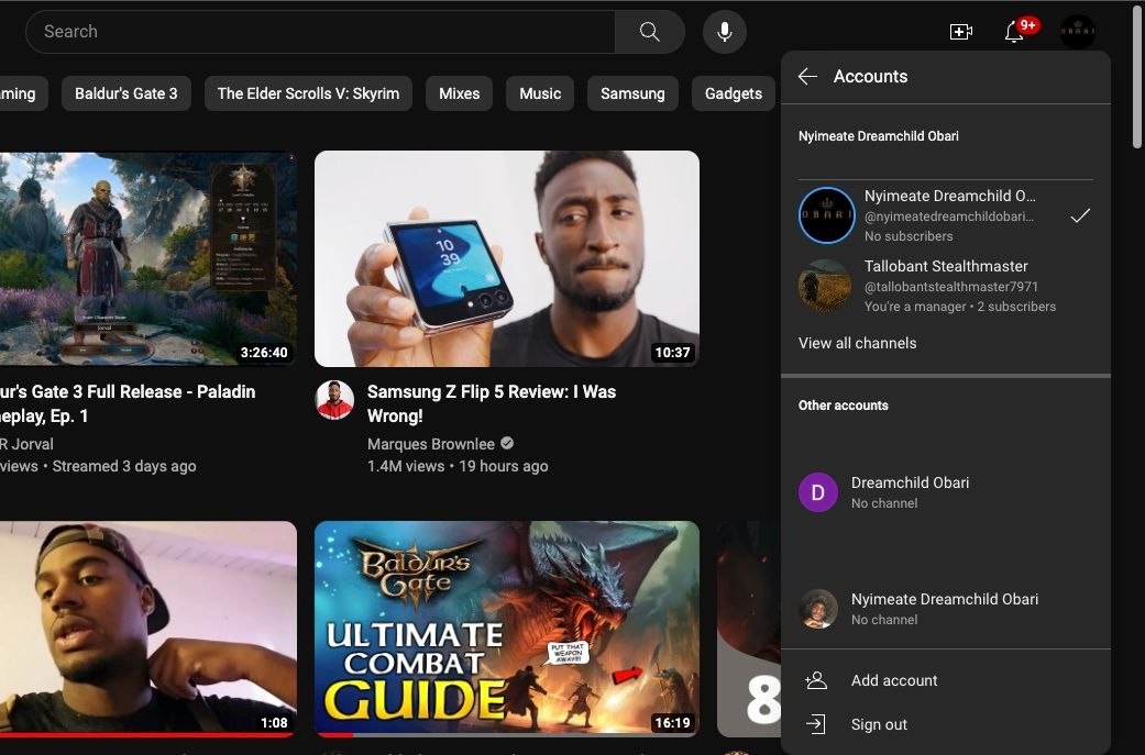 Меню аккаунтов в веб-версии YouTube