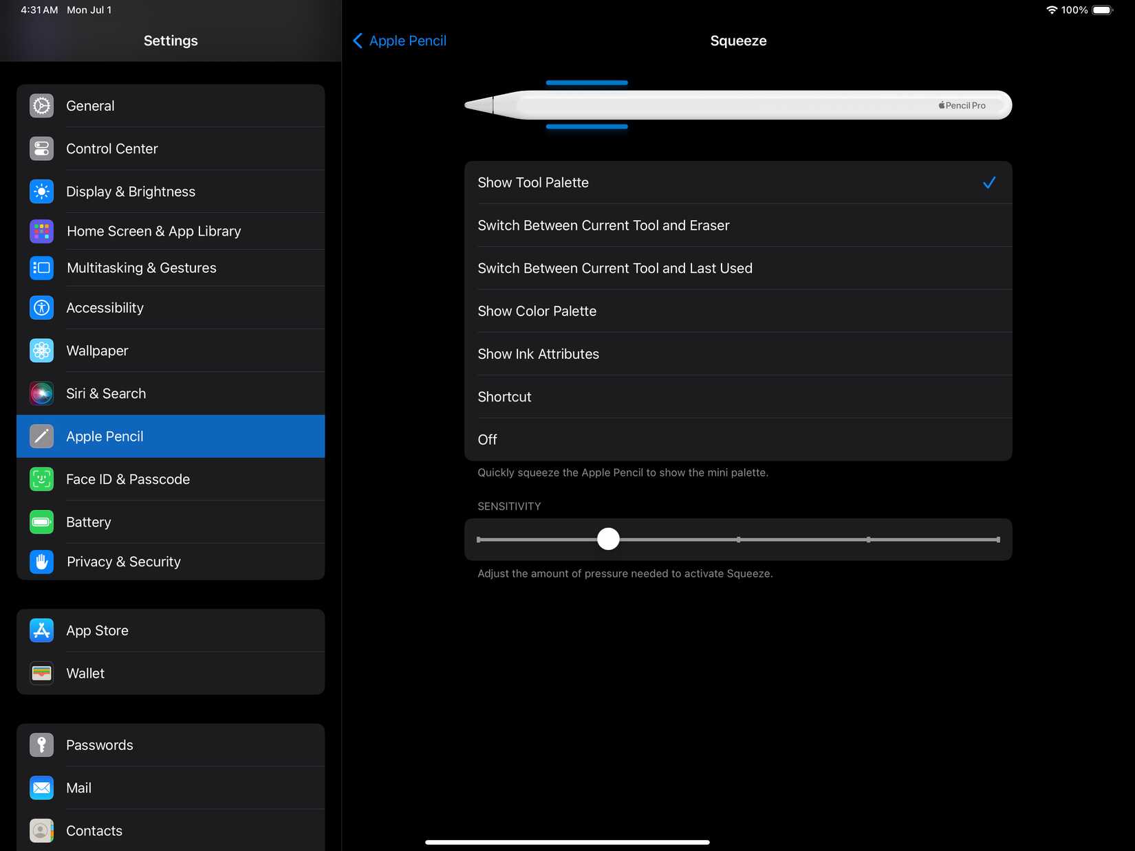Настройки жеста сжатия для Apple Pencil Pro в iPad