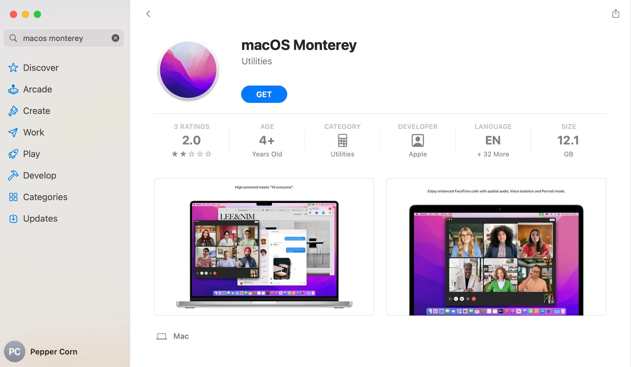 Скриншот App Store с загрузочной страницей macOS Monterey