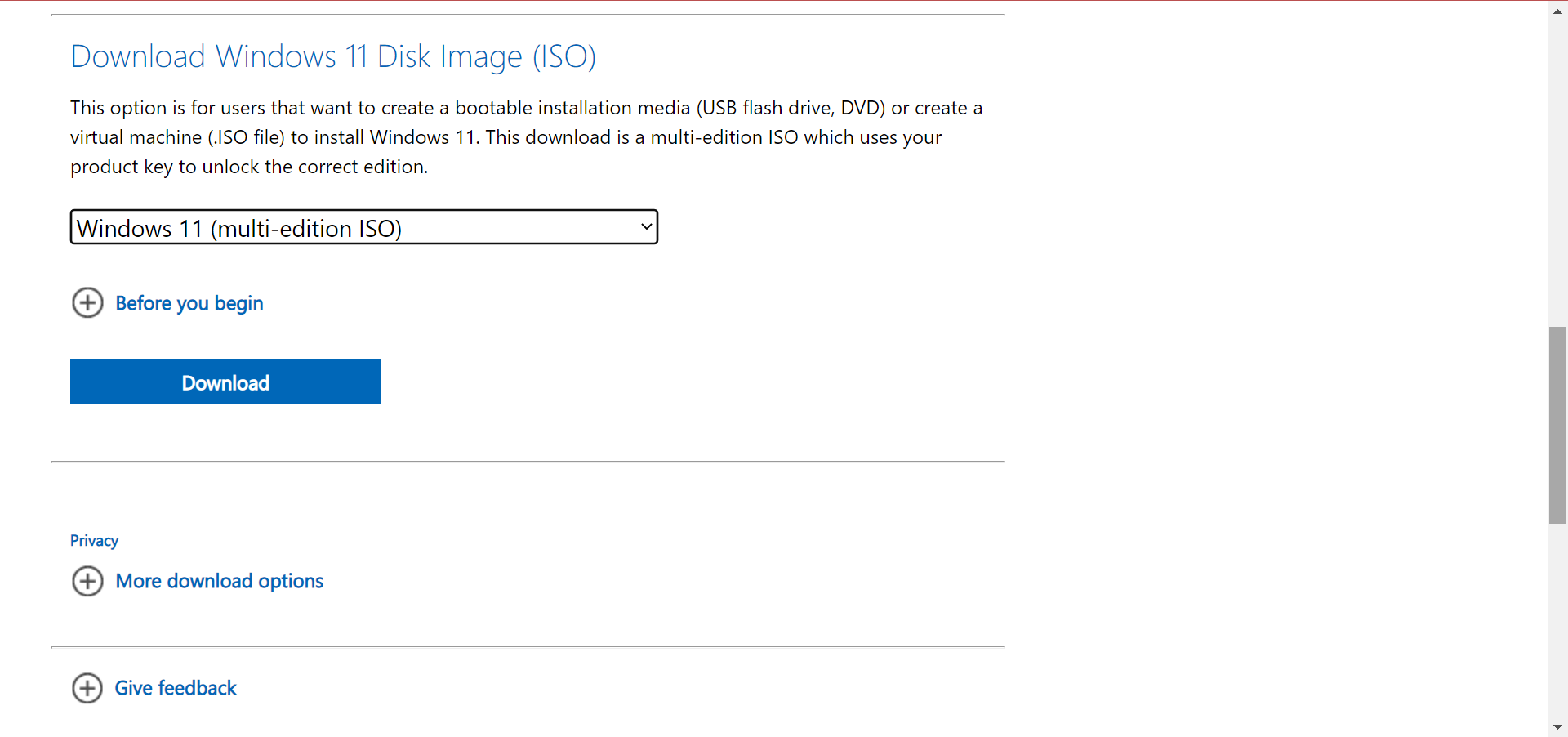 Страница загрузки ISO Windows 11