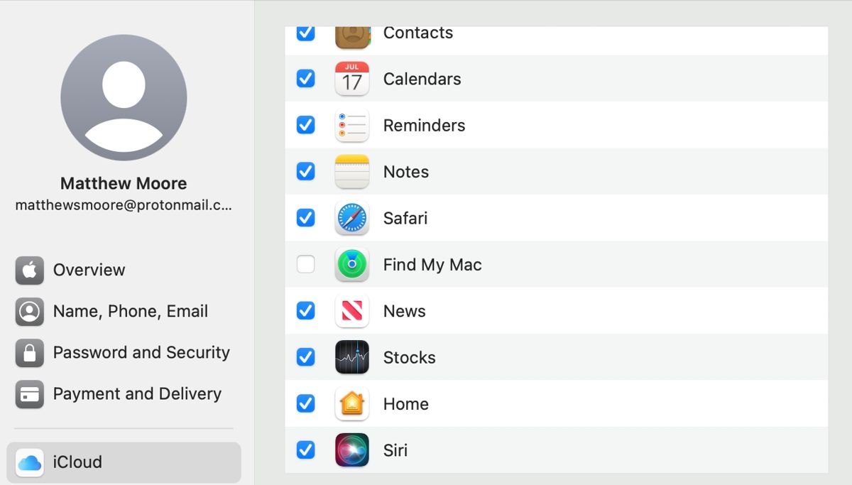 Окно настроек iCloud на Mac