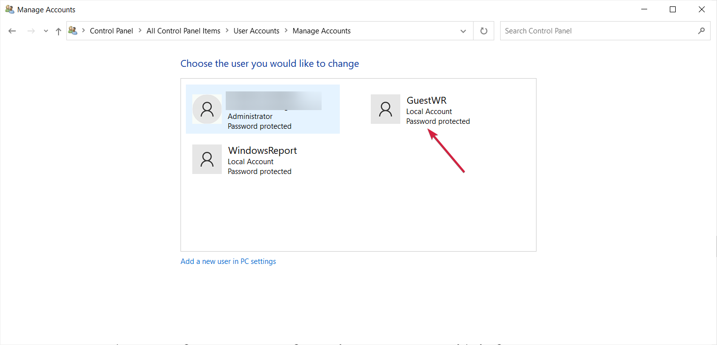 Выбор учетной записи пользователя для изменения пароля