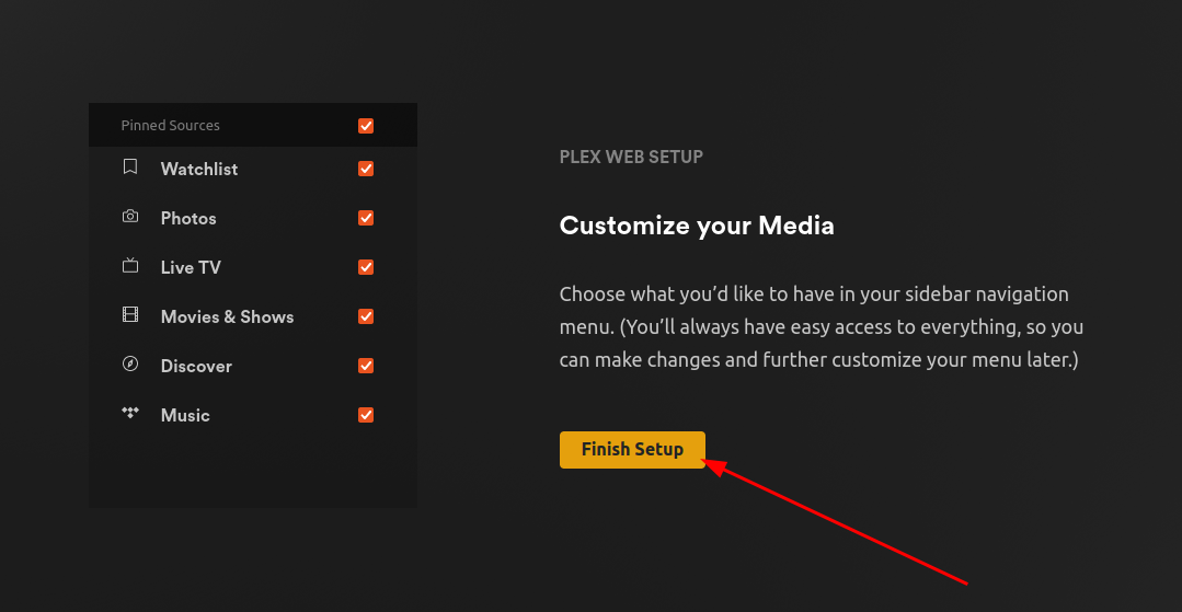 A Plex web UI webpage displaying the options you want to have on the sidebar navigation menu in your Plex dashboard