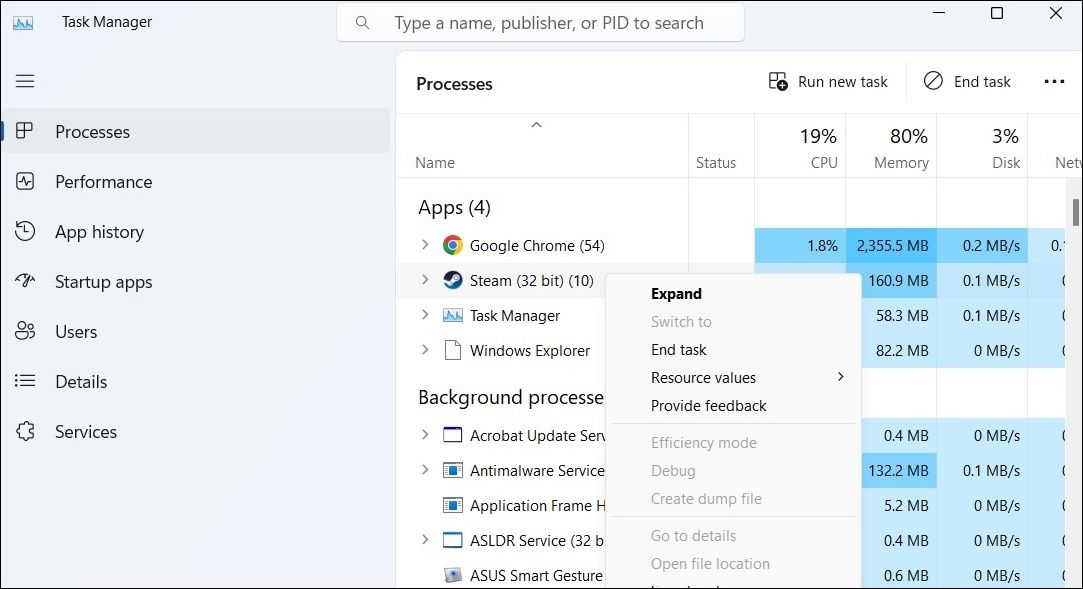 Закрытие Steam через Диспетчер задач в Windows