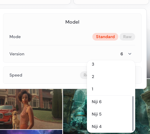 Выпадающее меню Alpha в веб-интерфейсе MidJourney