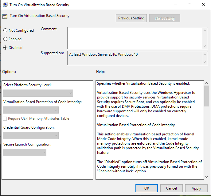 Отключённый параметр Device Guard
