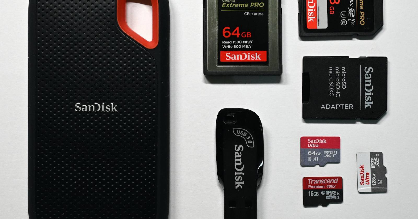SD‑карта и USB‑накопитель на белом фоне