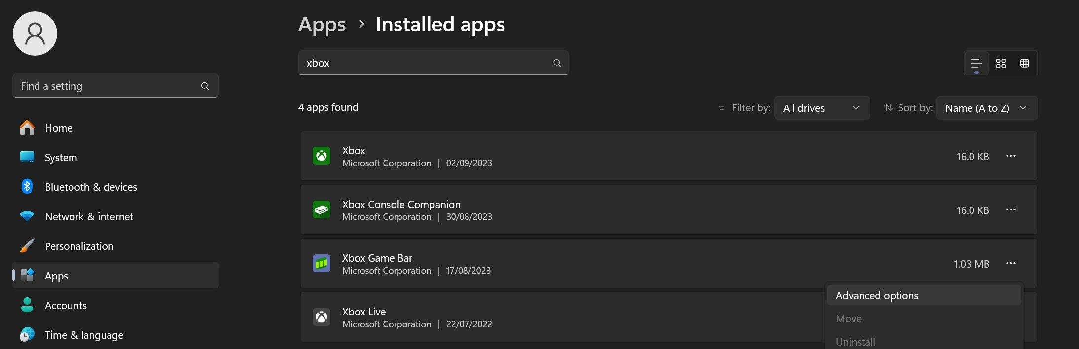 open advanced options settings for xbox game bar in the settings app