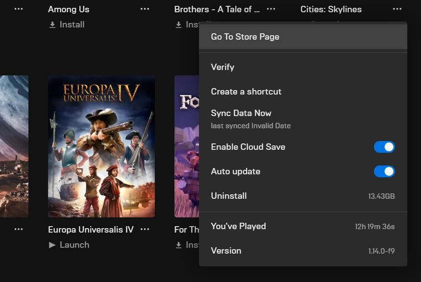 Опция «Удалить» для Fortnite в Epic Games Launcher