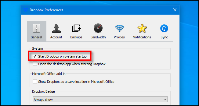 Uncheck 'Start Dropbox on system startup' on Windows 10.