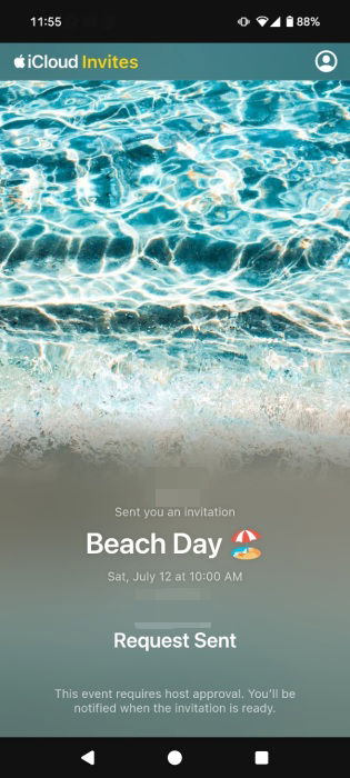 Отправлен запрос на одобрение гостя для просмотра мероприятия на iPhone.