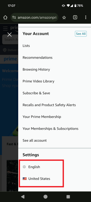 Опция смены языка и страны в мобильной версии Amazon