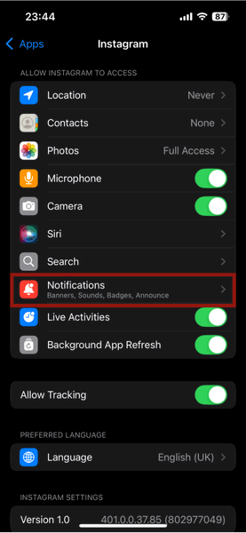 Настройки iPhone Apps Notifications