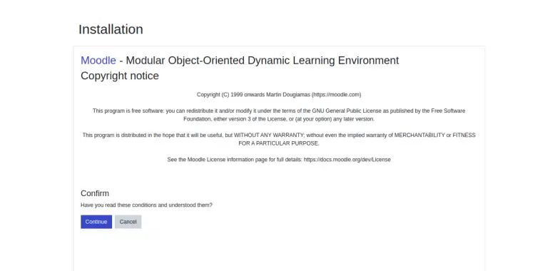 Подтверждение лицензионных условий Moodle перед установкой