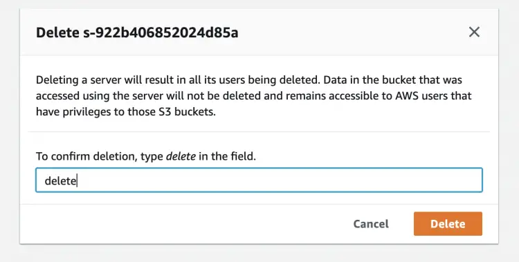 Подтверждение удаления сервера Transfer